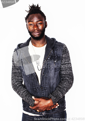 Image of young handsome african american boy smiling emotional isolated on white background, in motion gesturing smiling, lifestyle people concept 