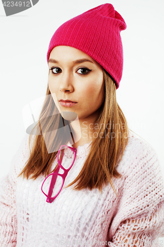 Image of young pretty teenage hipster girl posing emotional happy smiling on white background, lifestyle people concept 