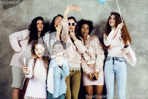 Image of Lifestyle and people concept: young pretty diversity nations woman with different age children celebrating on birth day party together happy smiling, making selfie. African-american, asian and caucasi