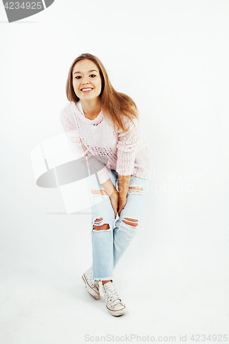 Image of young pretty teenage hipster girl posing emotional happy smiling on white background, lifestyle people concept 