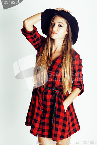 Image of young pretty brunette girl hipster in hat on white background casual close up dreaming smiling. real american modern woman, lifestyle real people concept