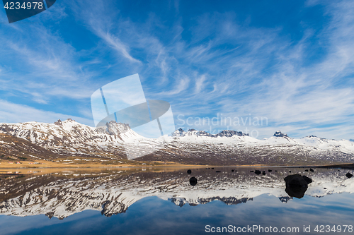 Image of Icelandic mountains with the amazing lagoon in winter