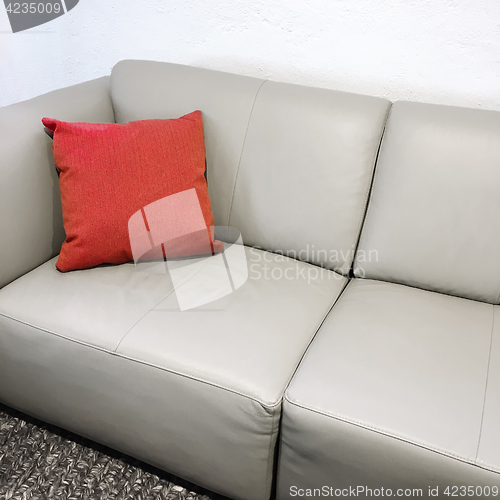 Image of Simple leather sofa with red cushion