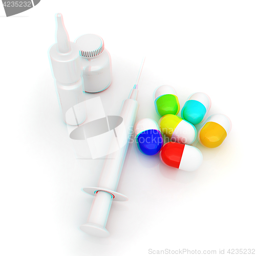 Image of Syringe, tablet, pill jar. 3D illustration. Anaglyph. View with 