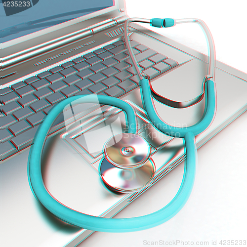 Image of silver laptop diagnosis with stethoscope. 3D illustration. Anagl