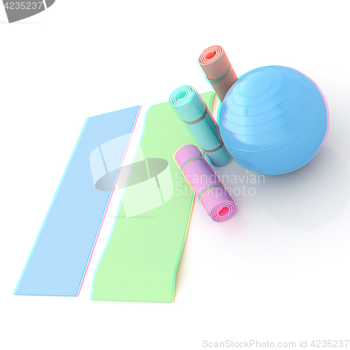 Image of karemat and fitness ball. 3D illustration. Anaglyph. View with r