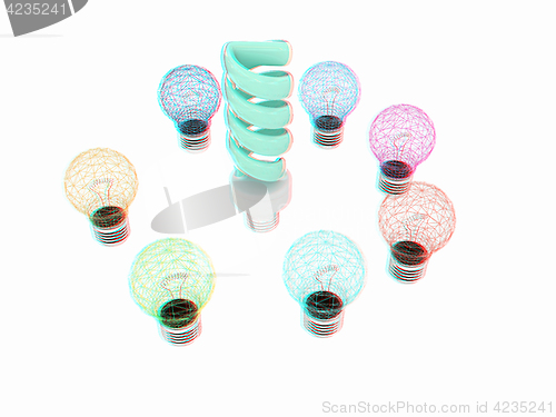 Image of energy-saving lamps. 3D illustration. Anaglyph. View with red/cy