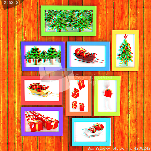 Image of Mock up picture frames on wood wall. 3d illustration. Anaglyph. 
