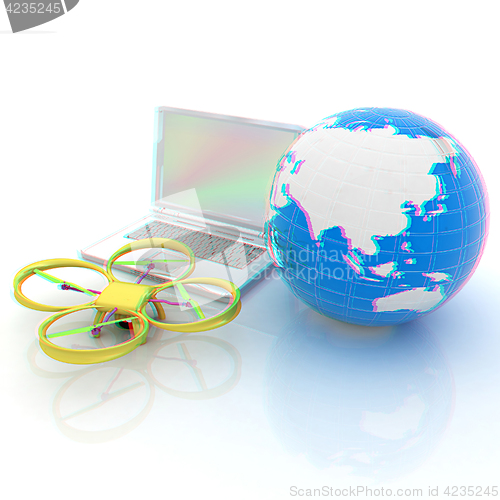 Image of Drone or quadrocopter with camera with laptop. Network, online, 