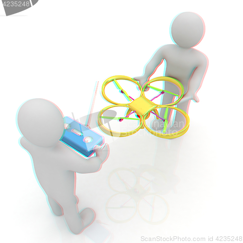 Image of 3d man with drone, quadrocopter, with photo camera. 3d render. 3