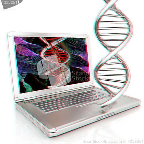 Image of Laptop with dna medical model background on laptop screen. 3d il