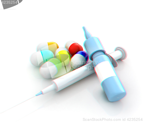 Image of Syringe, tablet, pill jar. 3D illustration. Anaglyph. View with 