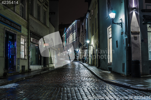 Image of Night view of the street in Tallinn Estonia.