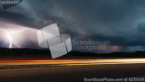 Image of Fall Thunderstorm Late Night Yellowstone Park Road Lightning Str