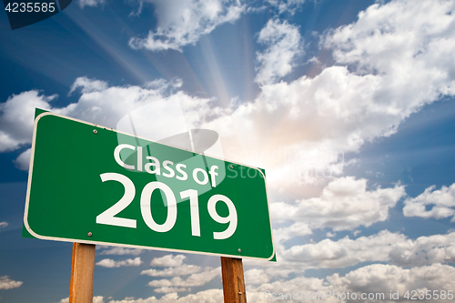 Image of Class of 2019 Green Road Sign with Dramatic Clouds and Sky