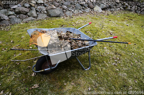 Image of garden wheelbarrow with leaves