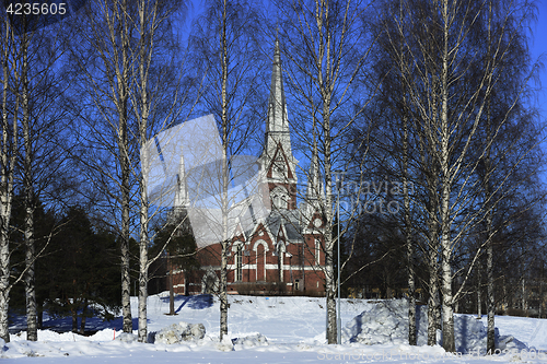 Image of Lutheran Church of neo-Gothic architecture in winter, Joensuu, F