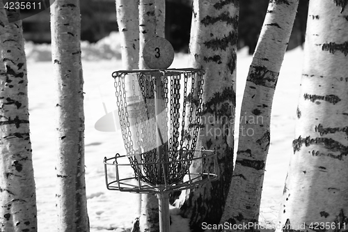 Image of basket for frisbeegolf in the park, winter