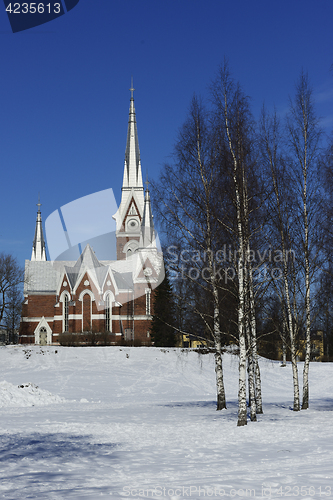 Image of Lutheran Church of neo-Gothic architecture in winter, Joensuu, F
