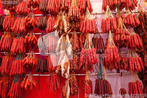 Image of Chinese waxed salted meat in the market 