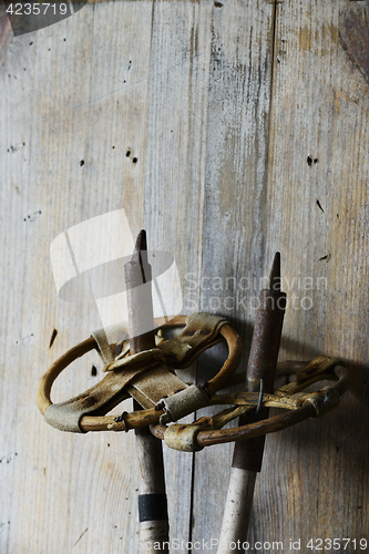 Image of old vintage ski poles, wooden background