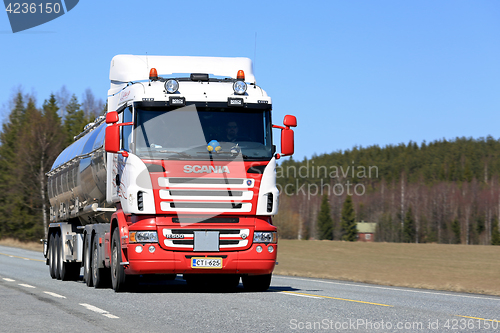 Image of Red and White Scania Semi Tanker on Sunny Highway