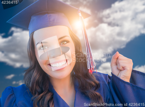 Image of Happy Graduating Mixed Race Woman In Cap and Gown