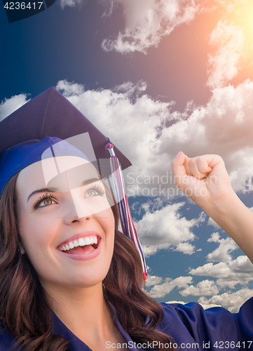 Image of Happy Graduating Mixed Race Woman In Cap and Gown