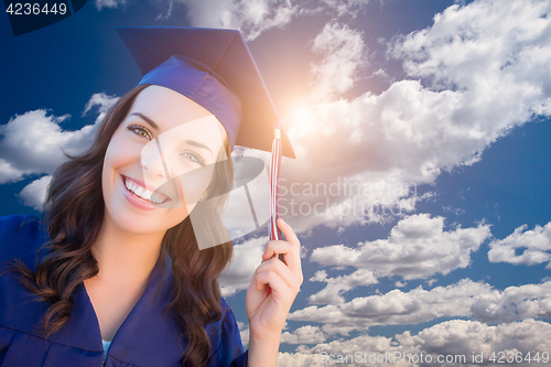 Image of Happy Graduating Mixed Race Woman In Cap and Gown