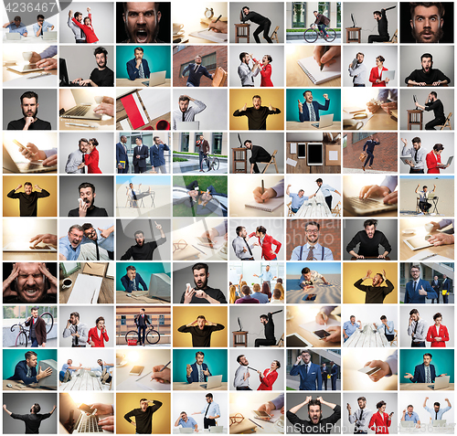 Image of The collage from images of business man at office with different emotions