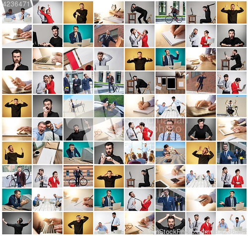 Image of The collage from images of business man at office with different emotions