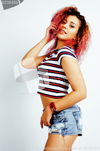 Image of young happy smiling latin american teenage girl emotional posing on white background, lifestyle people concept