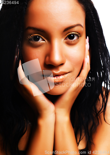 Image of young pretty african american woman isolated on white background happy smiling, wearing bright shawl and jewelry, showing bad corrupted hair, lifestyle people concept 