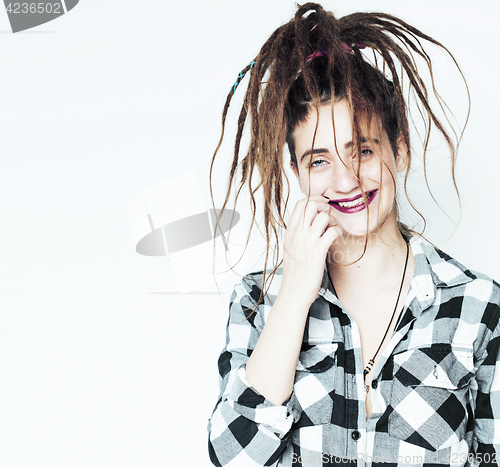 Image of real caucasian woman with dreadlocks hairstyle funny cheerful fa