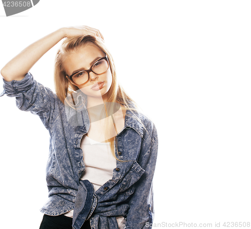 Image of young pretty girl teenager in glasses on white isolated blond ha