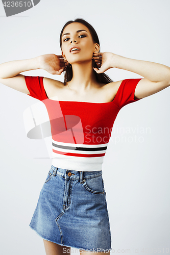 Image of young happy smiling latin american teenage girl emotional posing on white background, lifestyle people concept