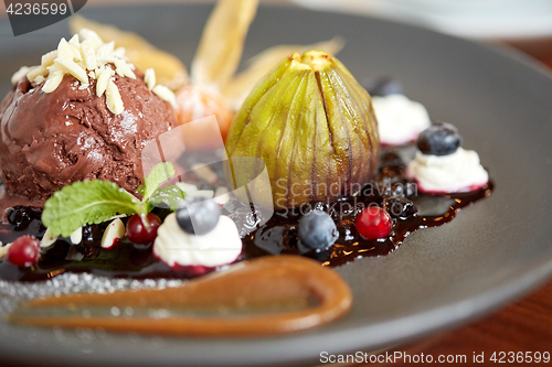 Image of close up of chocolate ice cream dessert on plate