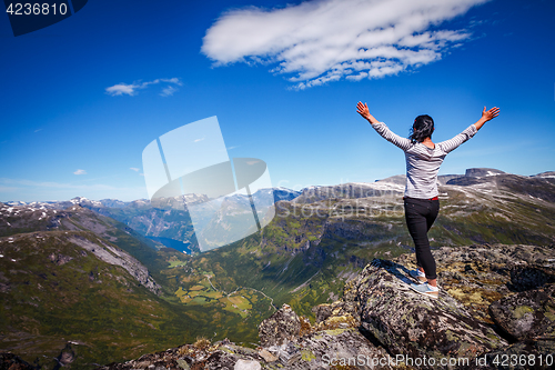 Image of Geiranger fjord, Norway. Tourism vacation and traveling.