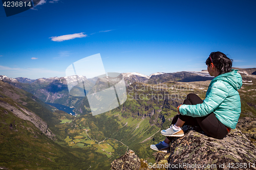 Image of Geiranger fjord, Norway. Tourism vacation and traveling.