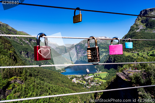 Image of Geiranger fjord view point Lookout observation deck, Norway.