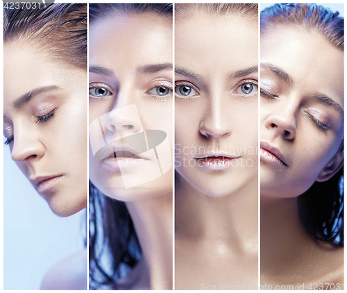 Image of Beautiful woman face portrait close up on blue
