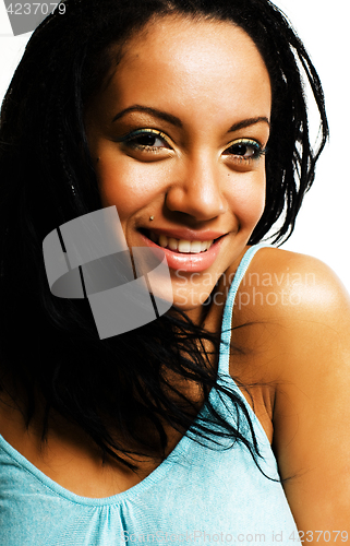 Image of young pretty african american woman isolated on white background happy smiling, wearing bright shawl and jewelry, showing bad corrupted hair, lifestyle people concept 