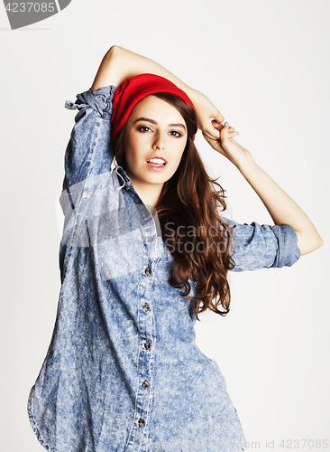 Image of young cheerful brunette teenage girl on white background