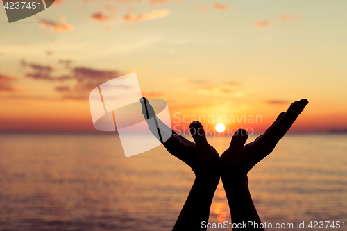 Image of silhouette of female hands during sunset