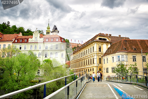 Image of Panoramic view of Graz city and bridge across the river Mur