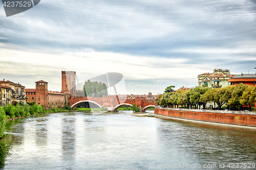 Image of Panoramic view of Bridge Ponte Pietra in Verona