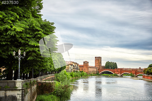 Image of Panoramic view of Bridge Ponte Pietra in Verona