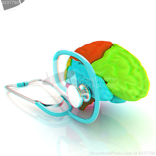 Image of stethoscope and brain. 3d illustration. Anaglyph. View with red/