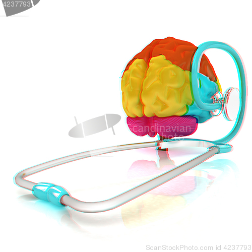 Image of stethoscope and brain. 3d illustration. Anaglyph. View with red/