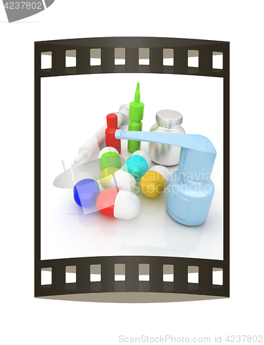 Image of Syringe, tablet, pill jar. 3D illustration. The film strip